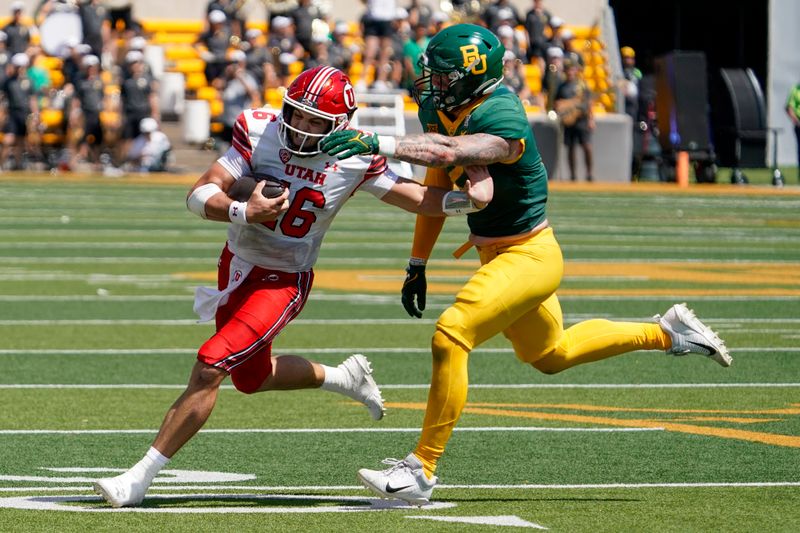 Sep 9, 2023; Waco, Texas, USA;Utah Utes quarterback Bryson Barnes (16) is tackled by Baylor Bears linebacker Matt Jones (2) during the first half at McLane Stadium. Mandatory Credit: Raymond Carlin III-USA TODAY Sports