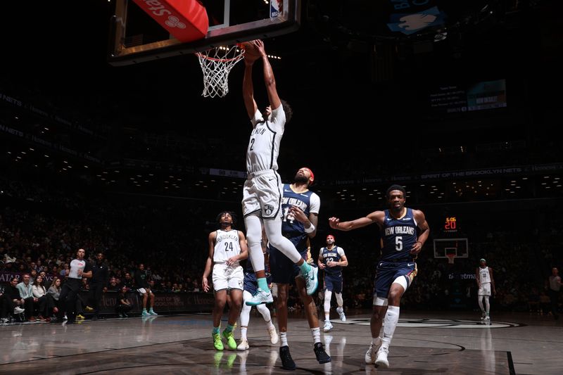 BROOKLYN, NY - MARCH 19: Cameron Johnson #2 of the Brooklyn Nets drives to the basket during the game against the New Orleans Pelicans on March 19, 2024 at Barclays Center in Brooklyn, New York. NOTE TO USER: User expressly acknowledges and agrees that, by downloading and or using this Photograph, user is consenting to the terms and conditions of the Getty Images License Agreement. Mandatory Copyright Notice: Copyright 2024 NBAE (Photo by Nathaniel S. Butler/NBAE via Getty Images)