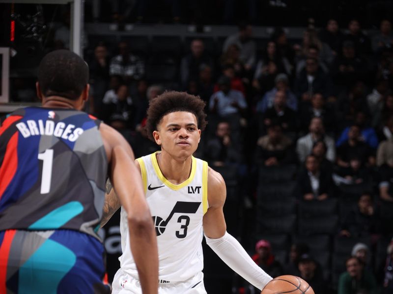 BROOKLYN, NY - JANUARY 29: Keyonte George #3 of the Utah Jazz dribbles the ball during the game against the Brooklyn Nets on January 29, 2024 at Barclays Center in Brooklyn, New York. NOTE TO USER: User expressly acknowledges and agrees that, by downloading and or using this Photograph, user is consenting to the terms and conditions of the Getty Images License Agreement. Mandatory Copyright Notice: Copyright 2024 NBAE (Photo by Nathaniel S. Butler/NBAE via Getty Images)