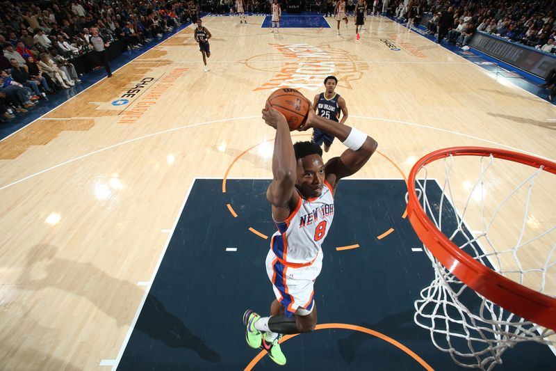 NEW YORK, NY - DECEMBER 1: OG Anunoby #8 of the New York Knicks dunks the ball during the game against the New Orleans Pelicans on December 1, 2024 at Madison Square Garden in New York City, New York.  NOTE TO USER: User expressly acknowledges and agrees that, by downloading and or using this photograph, User is consenting to the terms and conditions of the Getty Images License Agreement. Mandatory Copyright Notice: Copyright 2024 NBAE  (Photo by Nathaniel S. Butler/NBAE via Getty Images)