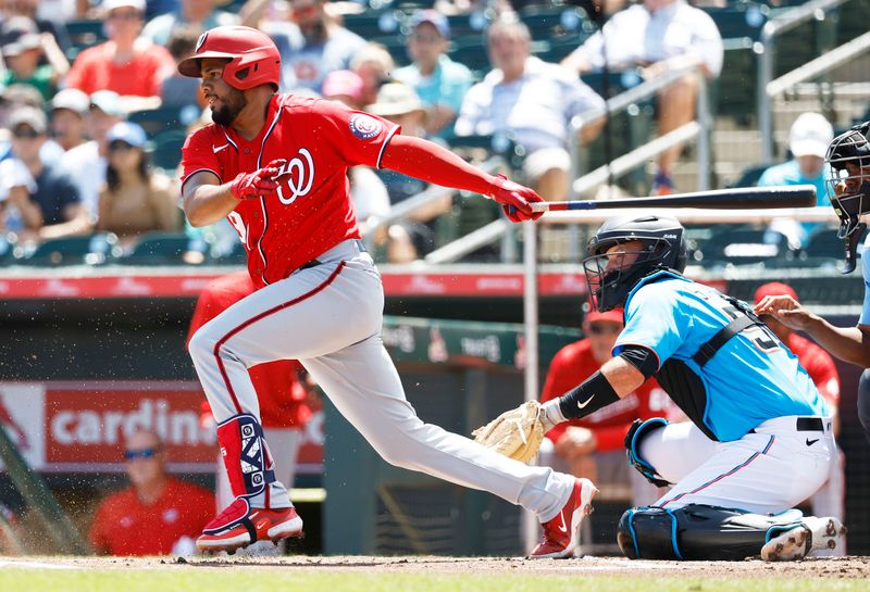 Mar 26, 2023; Jupiter, Florida, USA; Washington Nationals third baseman Jeimer Candelario (9) bats against the Miami Marlins during the first inning at Roger Dean Stadium. Mandatory Credit: Rhona Wise-USA TODAY Sports