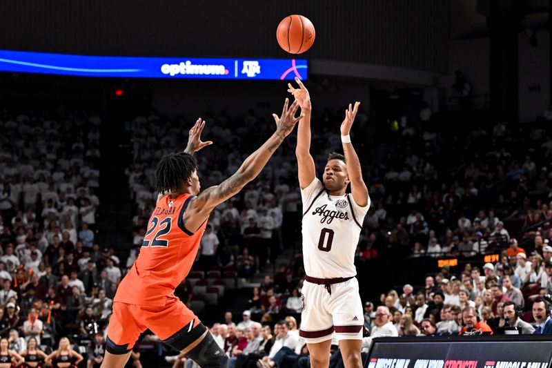 Feb 7, 2023; College Station, Texas, USA;  Texas A&M Aggies guard Dexter Dennis (0) shoots a three pointer over Auburn Tigers guard Allen Flanigan (22) during the second half at Reed Arena. Mandatory Credit: Maria Lysaker-USA TODAY Sports