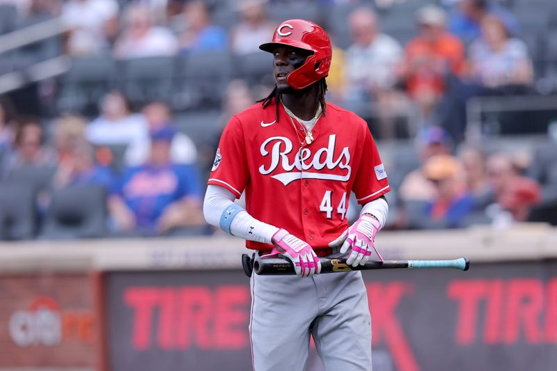 Sep 17, 2023; New York City, New York, USA; Cincinnati Reds shortstop Elly De La Cruz (44) reacts after striking out during the seventh inning against the New York Mets at Citi Field. Mandatory Credit: Brad Penner-USA TODAY Sports