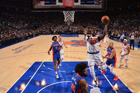 NEW YORK, NY - NOVEMBER 30: Julius Randle #30 of the New York Knicks drives to the basket during the game against the Detroit Pistons on November 30, 2023 at Madison Square Garden in New York City, New York.  NOTE TO USER: User expressly acknowledges and agrees that, by downloading and or using this photograph, User is consenting to the terms and conditions of the Getty Images License Agreement. Mandatory Copyright Notice: Copyright 2023 NBAE  (Photo by Jesse D. Garrabrant/NBAE via Getty Images)