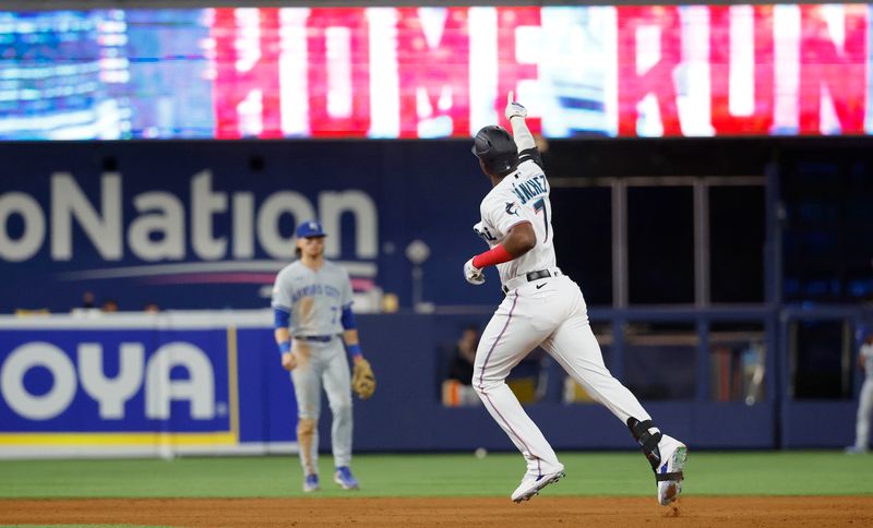 Jun 6, 2023; Miami, Florida, USA; Miami Marlins right fielder Jesus Sanchez (7) celebrates his home run against the Kansas City Royals during the fifth inning at loanDepot Park. Mandatory Credit: Rhona Wise-USA TODAY Sports