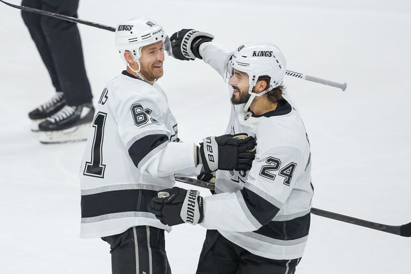 Nov 5, 2024; Saint Paul, Minnesota, USA; Los Angeles Kings center Trevor Lewis (61) celebrates his goal against the Minnesota Wild in the third period at Xcel Energy Center. Mandatory Credit: Brad Rempel-Imagn Images