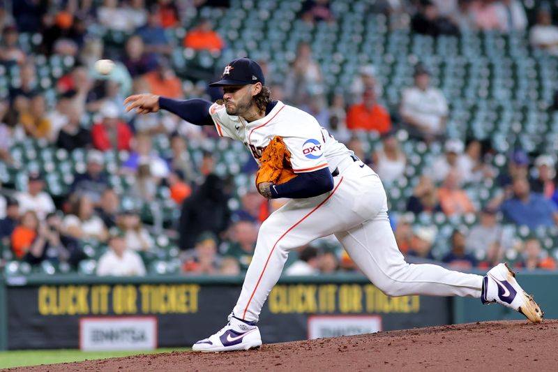 May 28, 2025; Houston, Texas, USA; Houston Astros starting pitcher Lance McCullers Jr. (43) delivers a pitch against the Athletics during the fourth inning at Daikin Park. Mandatory Credit: Erik Williams-Imagn Images