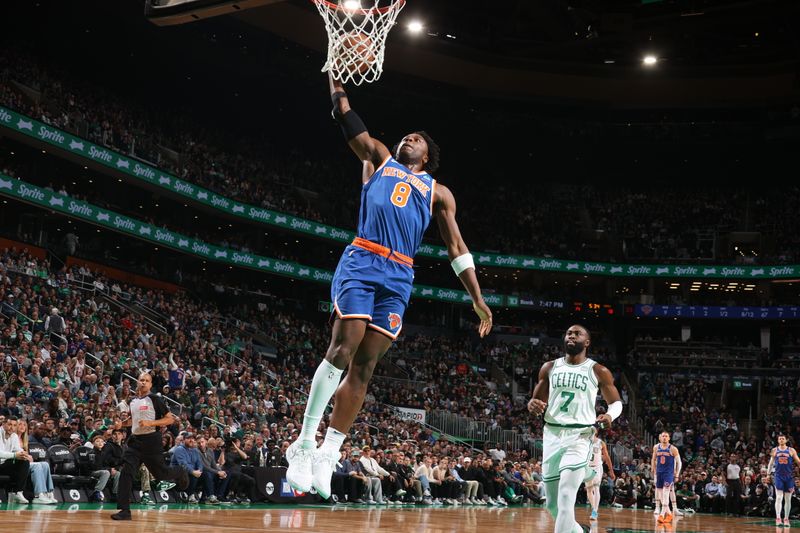 BOSTON, MA - APRIL 11: OG Anunoby #8 of the New York Knicks dunks the ball during the game against the Boston Celtics on April 11, 2024 at the TD Garden in Boston, Massachusetts. NOTE TO USER: User expressly acknowledges and agrees that, by downloading and or using this photograph, User is consenting to the terms and conditions of the Getty Images License Agreement. Mandatory Copyright Notice: Copyright 2024 NBAE  (Photo by Nathaniel S. Butler/NBAE via Getty Images)