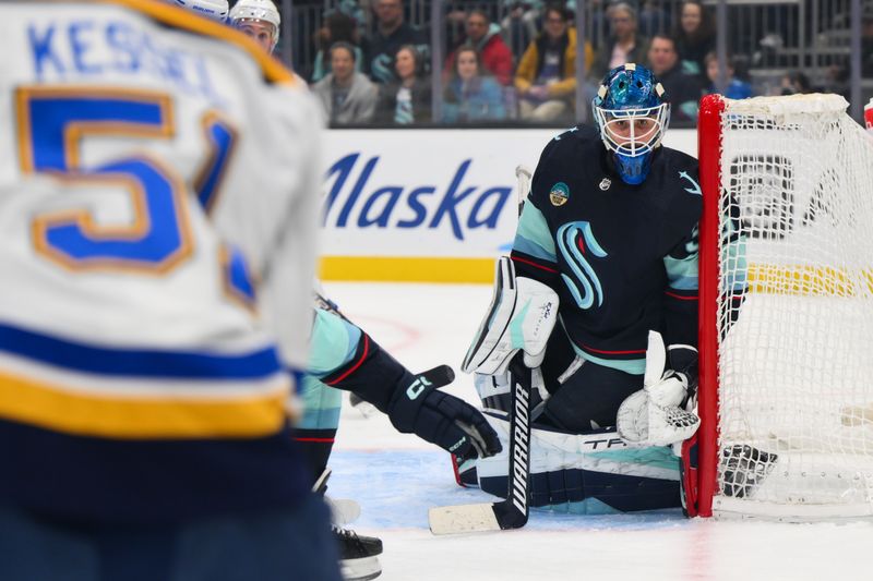 Jan 26, 2024; Seattle, Washington, USA; Seattle Kraken goaltender Joey Daccord (35) defends the goal against the St. Louis Blues during the first period at Climate Pledge Arena. Mandatory Credit: Steven Bisig-USA TODAY Sports