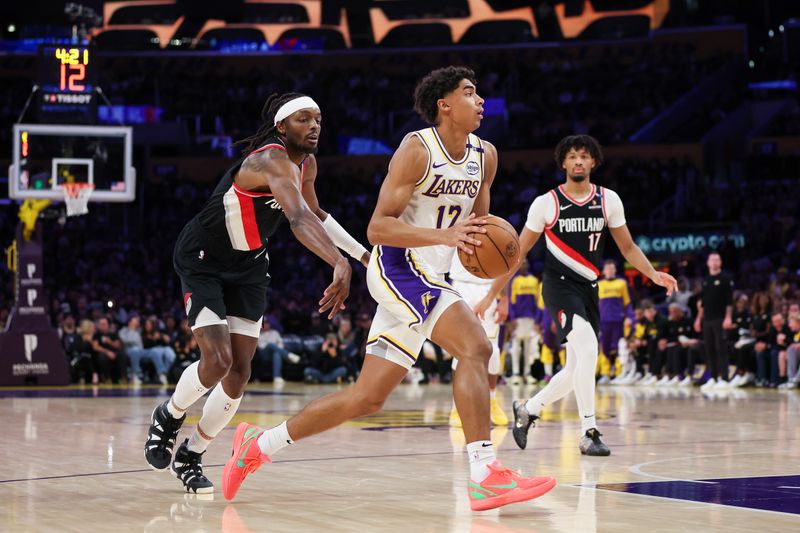 LOS ANGELES, CALIFORNIA - DECEMBER 08: Max Christie #12 of the Los Angeles Lakers handles the ball in the second half against the Portland Trail Blazers at Crypto.com Arena on December 08, 2024 in Los Angeles, California. NOTE TO USER: User expressly acknowledges and agrees that, by downloading and or using this Photograph, user is consenting to the terms and conditions of the Getty Images License Agreement. (Photo by Meg Oliphant/Getty Images)