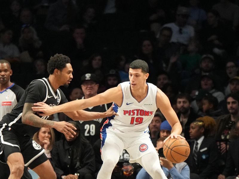 BROOKLYN, NY - NOVEMBER 3: Simone Fontecchio #19 of the Detroit Pistons handles the ball during the game against the Brooklyn Nets on November 3, 2024 at Barclays Center in Brooklyn, New York. NOTE TO USER: User expressly acknowledges and agrees that, by downloading and or using this Photograph, user is consenting to the terms and conditions of the Getty Images License Agreement. Mandatory Copyright Notice: Copyright 2024 NBAE (Photo by Jesse D. Garrabrant/NBAE via Getty Images)