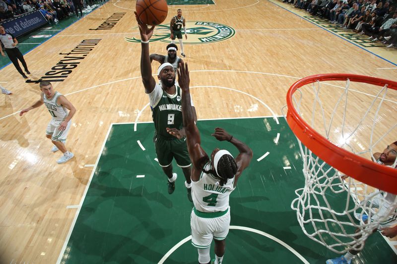 MILWAUKEE, WI - NOVEMBER 10: Bobby Portis #9 of the Milwaukee Bucks shoots the ball during the game against the Boston Celtics on November 10, 2024 at the Fiserv Forum Center in Milwaukee, Wisconsin. NOTE TO USER: User expressly acknowledges and agrees that, by downloading and or using this Photograph, user is consenting to the terms and conditions of the Getty Images License Agreement. Mandatory Copyright Notice: Copyright 2024 NBAE (Photo by Gary Dineen/NBAE via Getty Images).