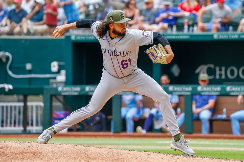 May 21, 2023; Arlington, Texas, USA; Colorado Rockies relief pitcher Justin Lawrence (61) throws during the fifth inning against the Texas Rangers at Globe Life Field. Mandatory Credit: Andrew Dieb-USA TODAY Sports