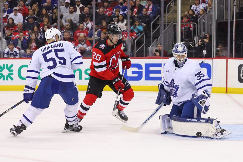 Mar 7, 2023; Newark, New Jersey, USA; Toronto Maple Leafs goaltender Ilya Samsonov (35) makes a save against the New Jersey Devils during the second period at Prudential Center. Mandatory Credit: Ed Mulholland-USA TODAY Sports