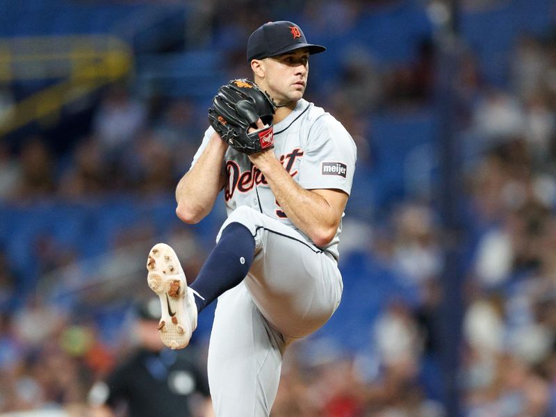 Apr 24, 2024; St. Petersburg, Florida, USA; Detroit Tigers pitcher Jack Flaherty (9) throws a pitch against the Tampa Bay Rays in the third inning at Tropicana Field. Mandatory Credit: Nathan Ray Seebeck-USA TODAY Sports