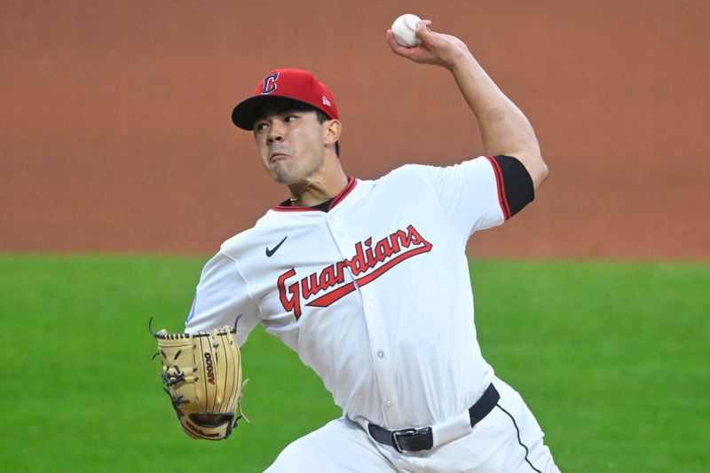 Sep 9, 2025; Cleveland, Ohio, USA; Cleveland Guardians starting pitcher Joey Cantillo (54) delivers a pitch in the fourth inning against the Kansas City Royals at Progressive Field. Mandatory Credit: David Richard-Imagn Images