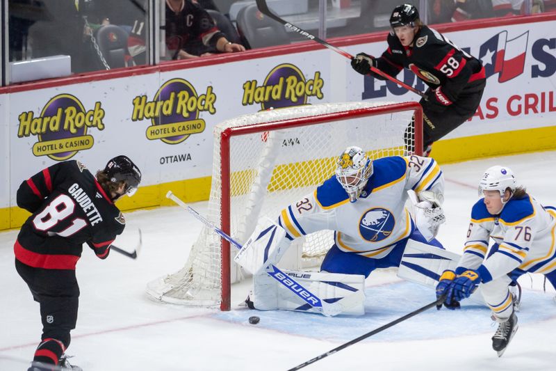 Sep 26, 2024; Ottawa, Ontario, CAN; Ottawa Senators right wing Adam Gaudette (81) shoots on Buffalo Sabres goalie Felix Sandstrom (32) in the third period at the Canadian Tire Centre. Mandatory Credit: Marc DesRosiers-Imagn Images