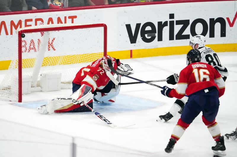 Jan 11, 2024; Sunrise, Florida, USA; Los Angeles Kings center Pierre-Luc Dubois (80) hits the post on his shot against Florida Panthers goaltender Sergei Bobrovsky (72) during the overtime period at Amerant Bank Arena. Mandatory Credit: Jasen Vinlove-USA TODAY Sports