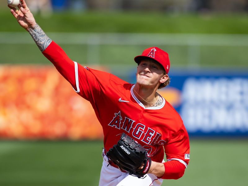 Feb 27, 2024; Tempe, Arizona, USA; Los Angeles Angels pitcher Zach Plesac against the Milwaukee Brewers during a spring training game at Tempe Diablo Stadium. Mandatory Credit: Mark J. Rebilas-USA TODAY Sports