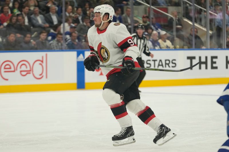 Sep 25, 2023; Toronto, Ontario, CAN; Ottawa Senators forward Vladimir Tarasenko (91) skates against the Toronto Maple Leafs during the third period at Scotiabank Arena. Mandatory Credit: John E. Sokolowski-USA TODAY Sports