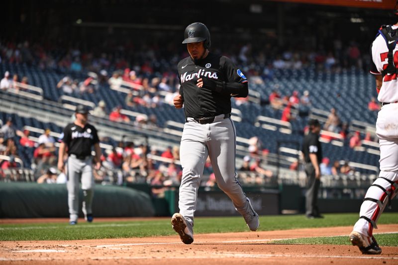 Sep 15, 2024; Washington, District of Columbia, USA; Miami Marlins catcher Jhonny Pereda (89) crosses the plate for a run against the Washington Nationals during the third inning at Nationals Park. Mandatory Credit: Rafael Suanes-Imagn Images