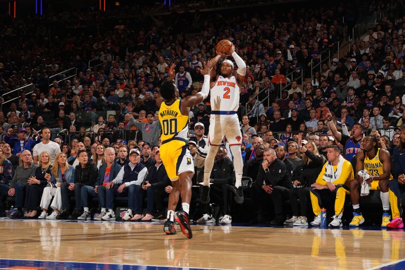 NEW YORK, NY - MAY 23: Miles McBride #2 of the New York Knicks shoots a three point basket during the game against the Indiana Pacers  during Game 2 of the 2025 Eastern Conference Finals on May 23, 2025 at Madison Square Garden in New York City, New York.  NOTE TO USER: User expressly acknowledges and agrees that, by downloading and or using this photograph, User is consenting to the terms and conditions of the Getty Images License Agreement. Mandatory Copyright Notice: Copyright 2025 NBAE  (Photo by Jesse D. Garrabrant/NBAE via Getty Images)