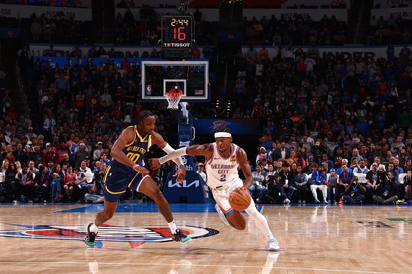 OKLAHOMA CITY, OK - DECEMBER 8: Shai Gilgeous-Alexander #2 of the Oklahoma City Thunder drives to the basket during the game against the Golden State Warriors on December 8, 2023 at Paycom Arena in Oklahoma City, Oklahoma. NOTE TO USER: User expressly acknowledges and agrees that, by downloading and or using this photograph, User is consenting to the terms and conditions of the Getty Images License Agreement. Mandatory Copyright Notice: Copyright 2023 NBAE (Photo by Zach Beeker/NBAE via Getty Images)