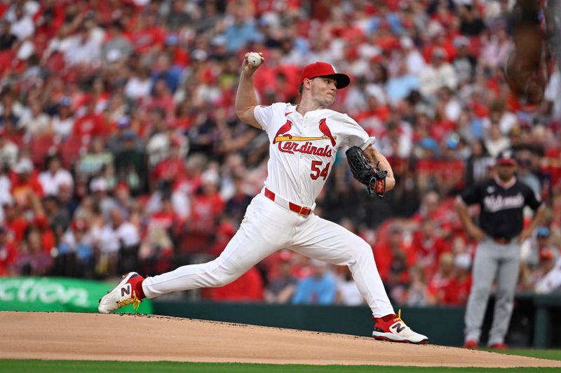 Jul 26, 2024; St. Louis, Missouri, USA; St. Louis Cardinals starting pitcher Sonny Gray (54) throws against the Washington Nationals during the first inning at Busch Stadium. Mandatory Credit: Jeff Le-USA TODAY Sports