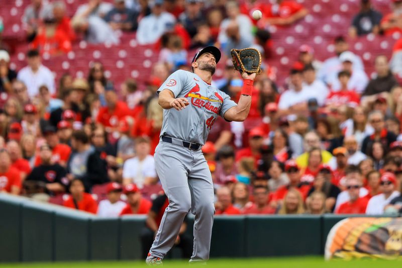 May 29, 2024; Cincinnati, Ohio, USA; St. Louis Cardinals first baseman Paul Goldschmidt (46) catches a pop up hit by Cincinnati Reds first baseman Spencer Steer (not pictured) in the second inning at Great American Ball Park. Mandatory Credit: Katie Stratman-USA TODAY Sports