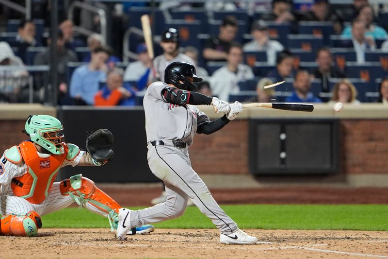 Apr 30, 2025; New York City, New York, USA; Arizona Diamondbacks center fielder Jorge Barrosa (1) hits a double against the New York Mets during the seventh inning at Citi Field. Mandatory Credit: Gregory Fisher-Imagn Images