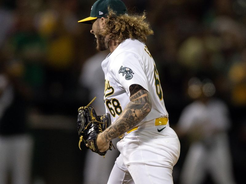 Jul 3, 2024; Oakland, California, USA; Oakland Athletics starting pitcher Joey Estes (68) reacts after striking out Los Angeles Angels left fielder Taylor Ward for the final out of a complete game shutout at Oakland-Alameda County Coliseum. Mandatory Credit: D. Ross Cameron-USA TODAY Sports