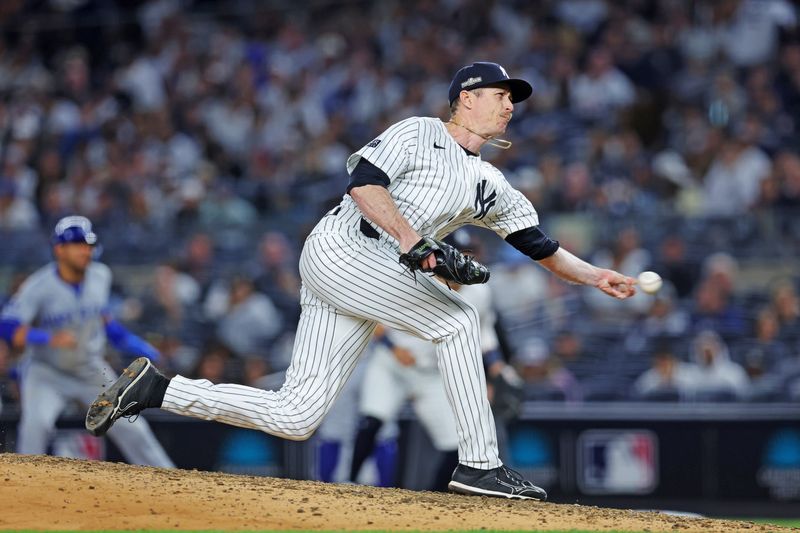 Oct 5, 2024; Bronx, New York, USA; New York Yankees pitcher Tim Hill (54) pitches against Kansas City Royals during the sixth inning during game one of the ALDS for the 2024 MLB Playoffs at Yankee Stadium. Mandatory Credit: Brad Penner-Imagn Images