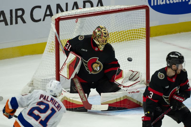 Dec 8, 2024; Ottawa, Ontario, CAN; New York Islanders center Kyle Palmieri (21) scores  against Ottawa Senators goalie Anton Forsberg (31) in the third period at the Canadian Tire Centre. Mandatory Credit: Marc DesRosiers-Imagn Images