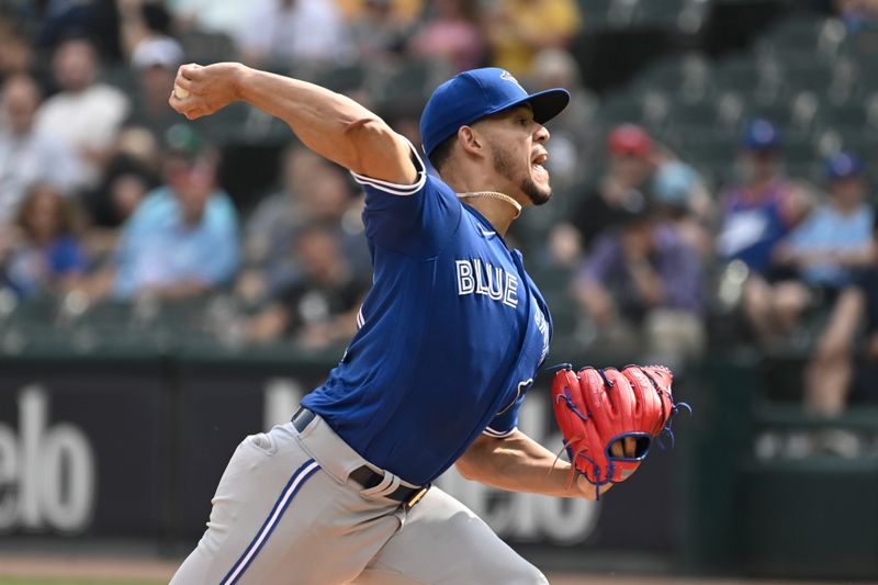 Jul 6, 2023; Chicago, Illinois, USA; Toronto Blue Jays starting pitcher Jose Berrios (17) delivers against the Chicago White Sox during the first inning  at Guaranteed Rate Field. Mandatory Credit: Matt Marton-USA TODAY Sports