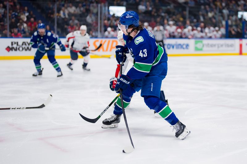 Mar 16, 2024; Vancouver, British Columbia, CAN; Vancouver Canucks defenseman Quinn Hughes (43) shoots against the Washington Capitals in the first period at Rogers Arena. Mandatory Credit: Bob Frid-USA TODAY Sports