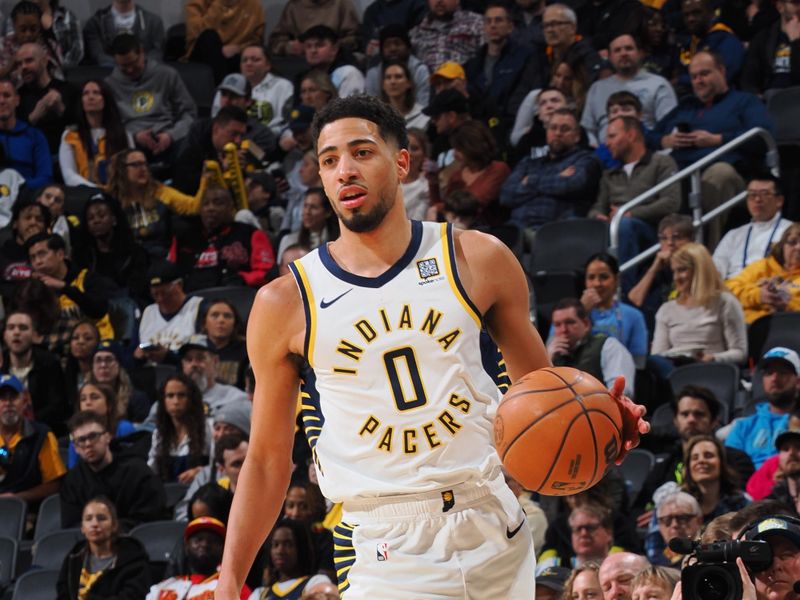 INDIANAPOLIS, IN - FEBRUARY 1: Tyrese Haliburton #0 of the Indiana Pacers dribbles the ball during the game against the Atlanta Hawks on February 1, 2025 at Gainbridge Fieldhouse in Indianapolis, Indiana. NOTE TO USER: User expressly acknowledges and agrees that, by downloading and or using this Photograph, user is consenting to the terms and conditions of the Getty Images License Agreement. Mandatory Copyright Notice: Copyright 2025 NBAE (Photo by Ron Hoskins/NBAE via Getty Images)