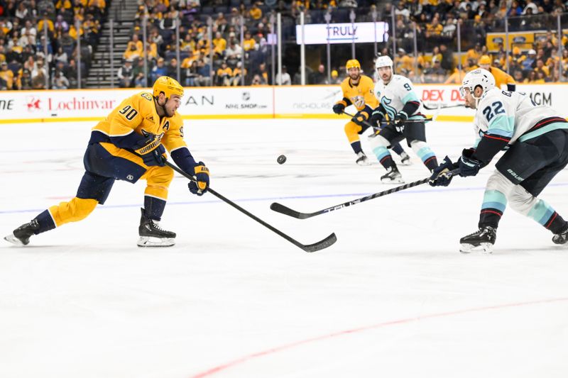 Oct 15, 2024; Nashville, Tennessee, USA;  Seattle Kraken right wing Oliver Bjorkstrand (22) and Nashville Predators center Ryan O'Reilly (90) fight for the puck during the third period at Bridgestone Arena. Mandatory Credit: Steve Roberts-Imagn Images