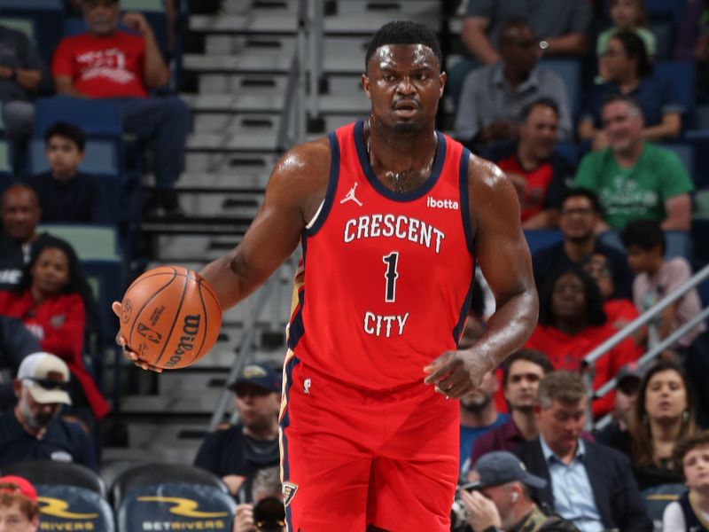 NEW ORLEANS, LA - MARCH 16: Zion Williamson #1 of the New Orleans Pelicans dribbles the ball during the game against the Portland Trail Blazers on March 16, 2024 at the Smoothie King Center in New Orleans, Louisiana. NOTE TO USER: User expressly acknowledges and agrees that, by downloading and or using this Photograph, user is consenting to the terms and conditions of the Getty Images License Agreement. Mandatory Copyright Notice: Copyright 2024 NBAE (Photo by Layne Murdoch Jr./NBAE via Getty Images)