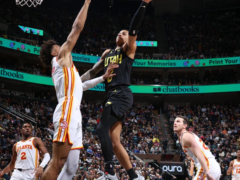 SALT LAKE CITY, UT - MARCH 15:  Keyonte George #3 of the Utah Jazz goes to the basket during the game on March 15, 2024 at Delta Center in Salt Lake City, Utah. NOTE TO USER: User expressly acknowledges and agrees that, by downloading and or using this Photograph, User is consenting to the terms and conditions of the Getty Images License Agreement. Mandatory Copyright Notice: Copyright 2024 NBAE (Photo by Melissa Majchrzak/NBAE via Getty Images)