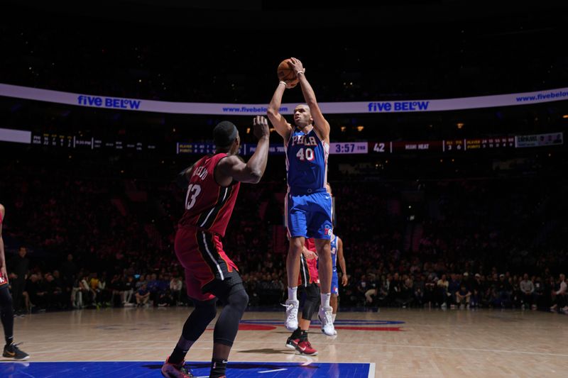 PHILADELPHIA, PA - MARCH 18: Nicolas Batum #40 of the Philadelphia 76ers shoots the ball during the game against the Miami Heat on March 18, 2024 at the Wells Fargo Center in Philadelphia, Pennsylvania NOTE TO USER: User expressly acknowledges and agrees that, by downloading and/or using this Photograph, user is consenting to the terms and conditions of the Getty Images License Agreement. Mandatory Copyright Notice: Copyright 2024 NBAE (Photo by Jesse D. Garrabrant/NBAE via Getty Images)