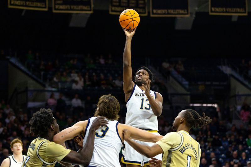 Feb 14, 2026; South Bend, Indiana, USA; Notre Dame Fighting Irish guard Sir Mohammed (13) shoots against the Georgia Tech Yellow Jackets during the first half at Purcell Pavilion at the Joyce Center. Mandatory Credit: Michael Caterina-Imagn Images