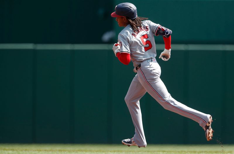 Sep 8, 2024; Pittsburgh, Pennsylvania, USA;  Washington Nationals shortstop CJ Abrams (5) circles the bases on a solo home run against the Pittsburgh Pirates during the first inning at PNC Park. Mandatory Credit: Charles LeClaire-Imagn Images