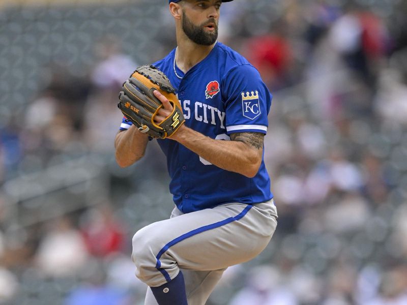 May 27, 2024; Minneapolis, Minnesota, USA; Kansas City Royals relief pitcher Nick Anderson (63) delivers a pitch against the Minnesota Twins during the eighth inning at Target Field. Mandatory Credit: Nick Wosika-USA TODAY Sports