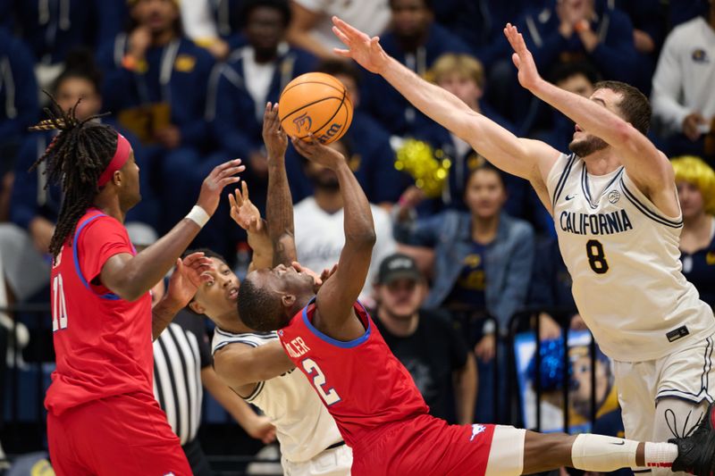 Feb 25, 2026; Berkeley, California, USA; SMU Mustangs guard Boopie Miller (2) drives to the basket against California Golden Bears guard Dai Dai Ames (7) and center Milos Ilic (8) during the second half at Haas Pavilion. Mandatory Credit: Robert Edwards-Imagn Images