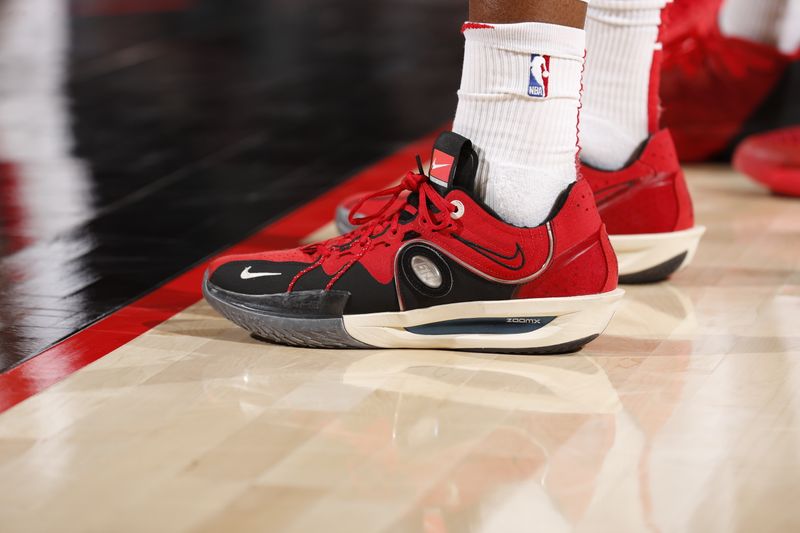 PORTLAND, OR - MARCH 8:  The sneakers worn by Amen Thompson #1 of the Houston Rockets on March 8, 2024 at the Moda Center Arena in Portland, Oregon. NOTE TO USER: User expressly acknowledges and agrees that, by downloading and or using this photograph, user is consenting to the terms and conditions of the Getty Images License Agreement. Mandatory Copyright Notice: Copyright 2024 NBAE (Photo by Cameron Browne/NBAE via Getty Images)