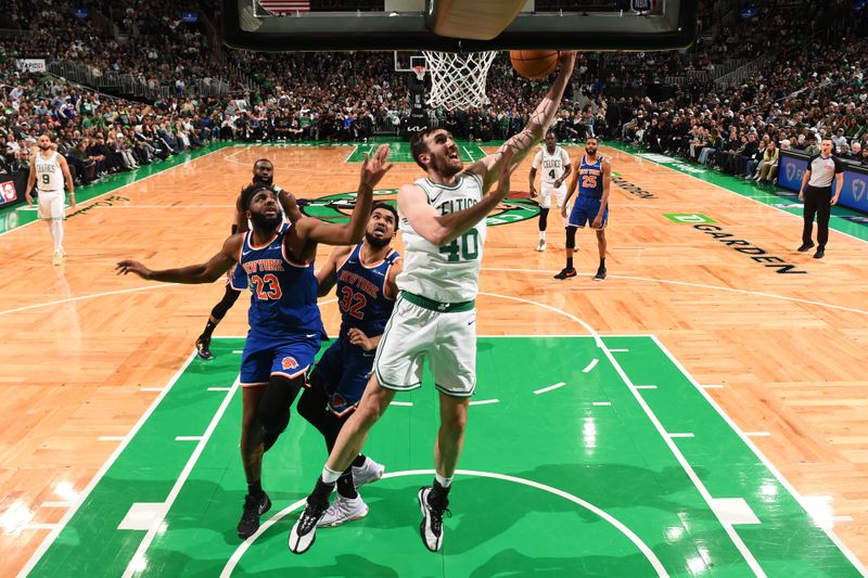 BOSTON, MA - MAY 5: Luke Kornet #40 of the Boston Celtics drives to the basket during the game against the New York Knicks during Round Two Game One of the 2025 NBA Playoffs on May 5, 2025 at TD Garden in Boston, Massachusetts. NOTE TO USER: User expressly acknowledges and agrees that, by downloading and/or using this Photograph, user is consenting to the terms and conditions of the Getty Images License Agreement. Mandatory Copyright Notice: Copyright 2025 NBAE (Photo by Brian Babineau/NBAE via Getty Images)