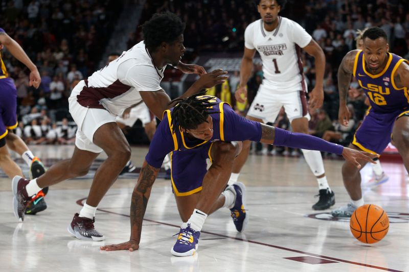 Feb 8, 2023; Starkville, Mississippi, USA; Mississippi State Bulldogs guard/forward Cameron Matthews (4) and LSU Tigers forward Derek Fountain (20) battle for a loose ball during the first half at Humphrey Coliseum. Mandatory Credit: Petre Thomas-USA TODAY Sports