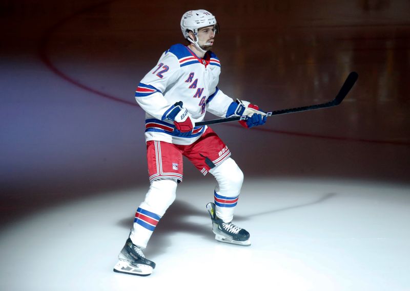 Oct 9, 2024; Pittsburgh, Pennsylvania, USA;  New York Rangers center Filip Chytil (72) takes the ice against the Pittsburgh Penguins during the first period at PPG Paints Arena. Mandatory Credit: Charles LeClaire-Imagn Images