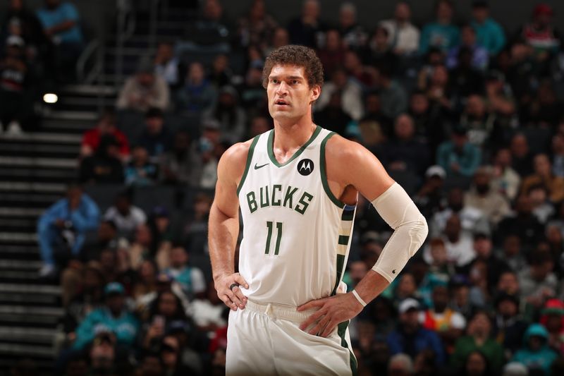 CHARLOTTE, NC - FEBRUARY 29: Brook Lopez #11 of the Milwaukee Bucks looks on during the game against the Charlotte Hornets on February 29, 2024 at Spectrum Center in Charlotte, North Carolina. NOTE TO USER: User expressly acknowledges and agrees that, by downloading and or using this photograph, User is consenting to the terms and conditions of the Getty Images License Agreement. Mandatory Copyright Notice: Copyright 2024 NBAE (Photo by Kent Smith/NBAE via Getty Images)