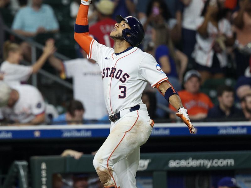 Sep 17, 2025; Houston, Texas, USA;Houston Astros shortstop Jeremy Pena (3) celebrates his home run against the Texas Rangers in the fifth inning at Daikin Park. Mandatory Credit: Thomas Shea-Imagn Images